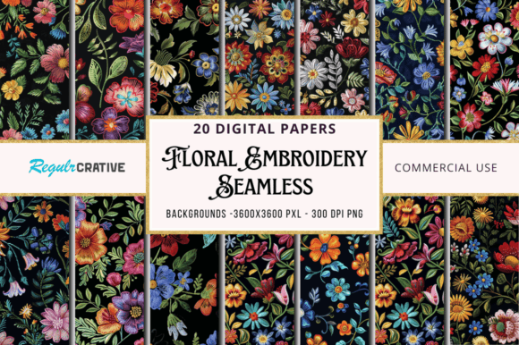 Floral Embroidery Digital Papers Bundle